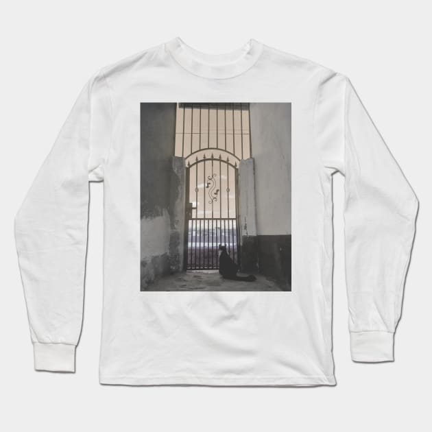 Black cat gazing through the old garden gate Long Sleeve T-Shirt by KINKDesign